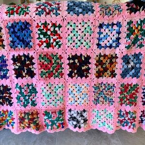 Handmade Granny Square Blanket 57" X 57" Crochet Afghan Pink Cottage Core Farm